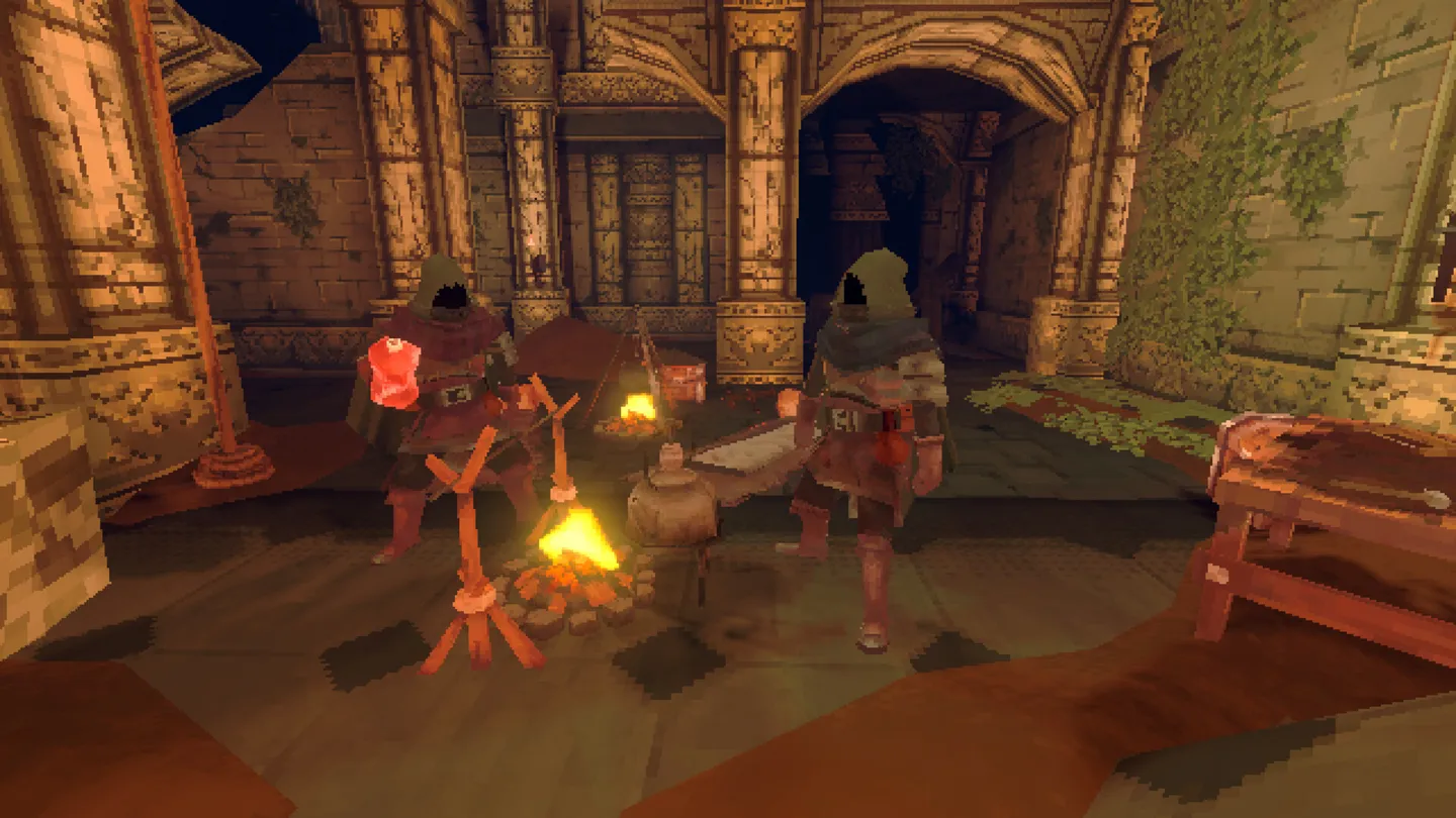 Two adventurers beside a campfire in a stone chamber with carved arches and green ivy