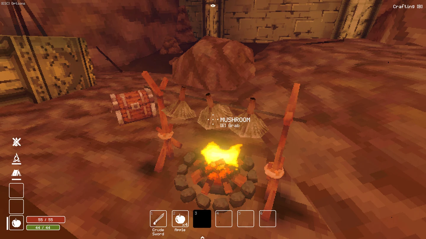 Mushrooms suspended on a roasting rack above a campfire